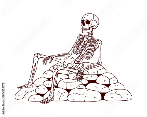 Skeleton Sitting on a Pile of Rocks in a Minimal Clean Style — Line Art Illustration