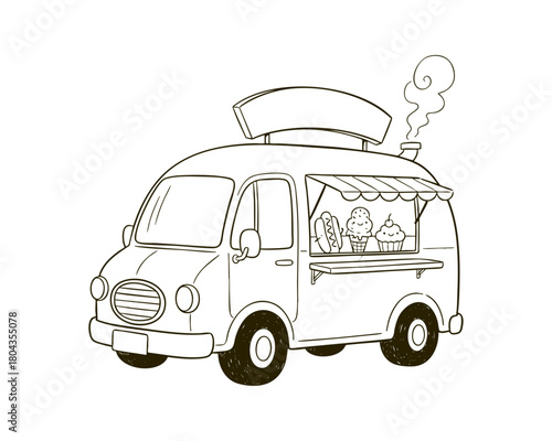 Small Adorable Food Truck with Minimal Details — Line Art Illustration