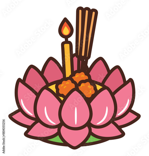 Cute Krathong Cartoon Vector – Lotus Floating Candle for Loy Krathong Festival