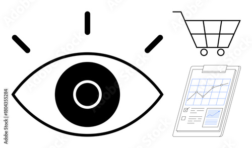 Eye with focus lines, shopping cart, and analytics clipboard with graphs. Ideal for marketing, vision, e-commerce, data analysis, strategy online trends and consumer insights. Simple flat metaphor