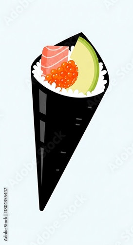 Delicious Hand-Rolled Sushi Temaki with Salmon, Roe, and Avocado.