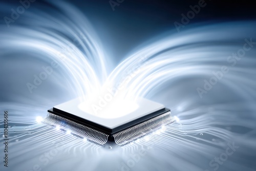 Digital Core Energy: A futuristic visualization of a microchip at the heart of the digital revolution, pulsating with streams of data and energy, symbolizing innovation and technological advancement.