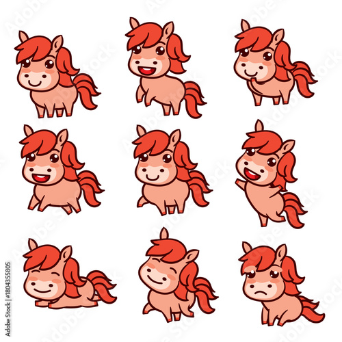 A huge collection of red cartoon horses. Symbol of the Chinese New Year 2026.