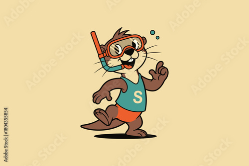Cute cartoon otter character wearing snorkeling gear and a swim