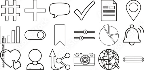 Essential user interface line art icons for websites and apps, featuring universal symbols for digital communication and navigation