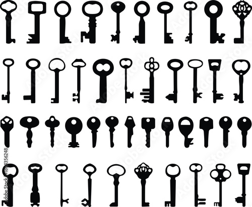 “Collection of vintage and modern key silhouettes featuring antique shapes, security icons, vector illustrations for design, locksmith themes, and creative projects”