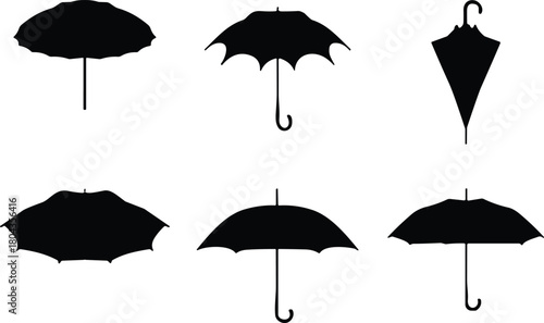 “Set of black umbrella silhouettes featuring diverse shapes, classic designs, minimal outlines, isolated vector icons, simple rain protection symbols for graphic use”