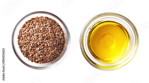 Flax seeds and flaxseed oil in glass containers isolated on transparent background