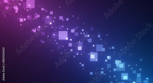 Diagonal trail of glowing pink and blue squares floating across a dark gradient background, creating a vibrant, futuristic, and softly illuminated digital abstract design.