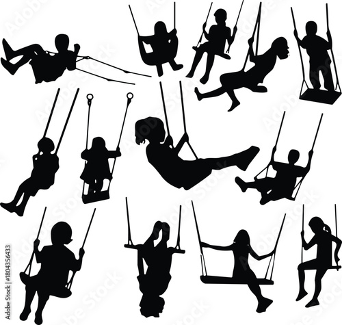 Silhouettes of children joyfully swinging on playground swings, dynamic motion poses, playful outdoor activity, childhood freedom concept, black isolated illustration