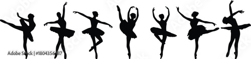 Elegant ballerina silhouette collection, female dancers performing classical ballet poses, graceful dance movement illustration, artistic vector performance artwork