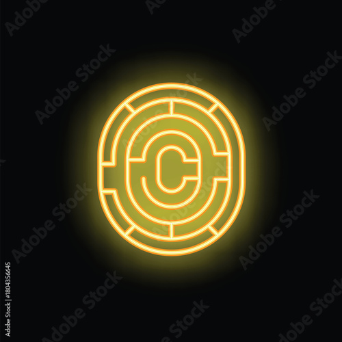 Bright yellow neon copyright symbol is glowing on a black background