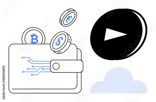Digital wallet with Bitcoin, dollar coin, and crypto token beside a play button and cloud. Ideal for finance, blockchain, cryptocurrency, fintech, digital payment, media streaming simple flat