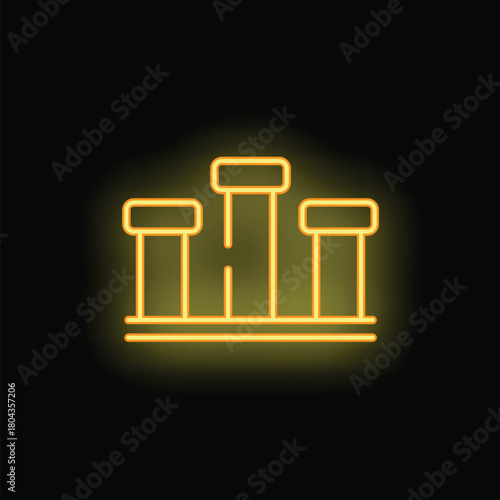 Yellow neon icon of a winners podium glowing on a dark wall
