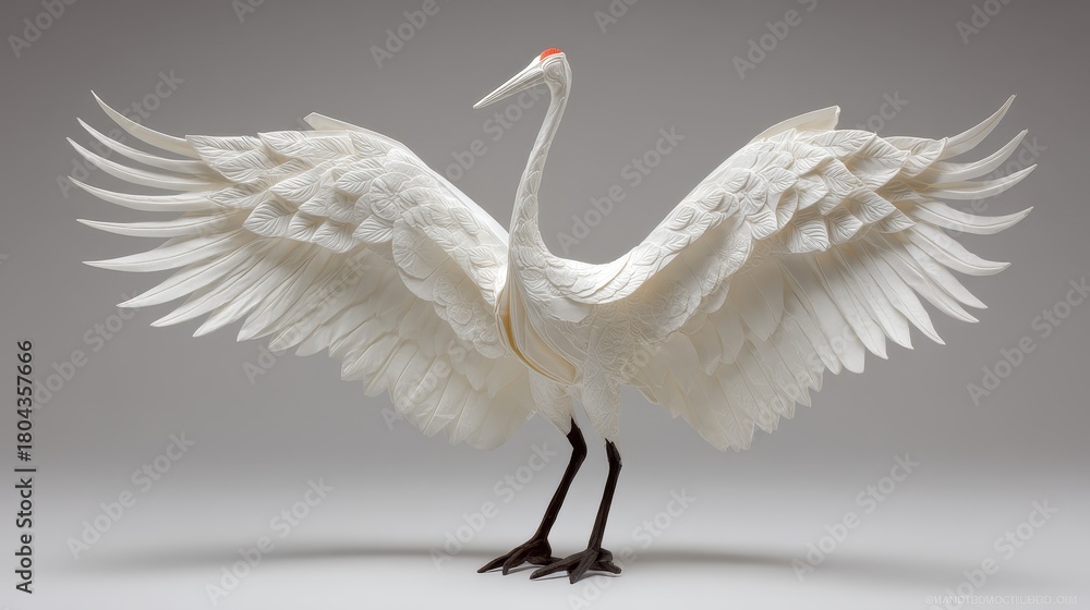 Naklejka premium Detailed sculpture of a white crane with outstretched wings, featuring intricate feather textures and subtle gold accents against a soft, neutral studio backdrop.