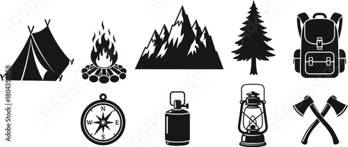 Camping and hiking silhouette set