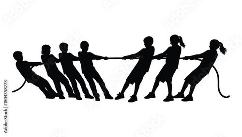 Kids tug-of-war silhouette isolated on white background, Vector