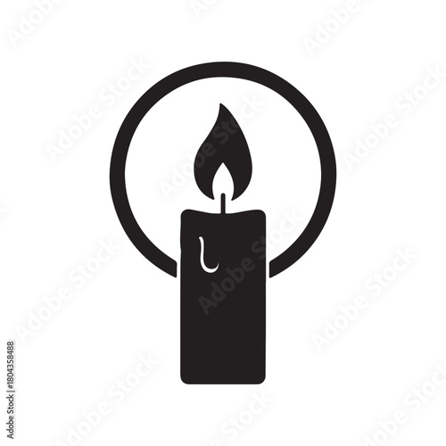 Clean graphic illustration of a burning candle icon within a circular frame, symbolizing warmth, light, hope, and remembrance. This minimalist black silhouette design offers a versatile vector