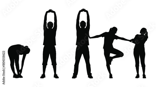 People stretching and exercising silhouettes isolated on white background, Vector