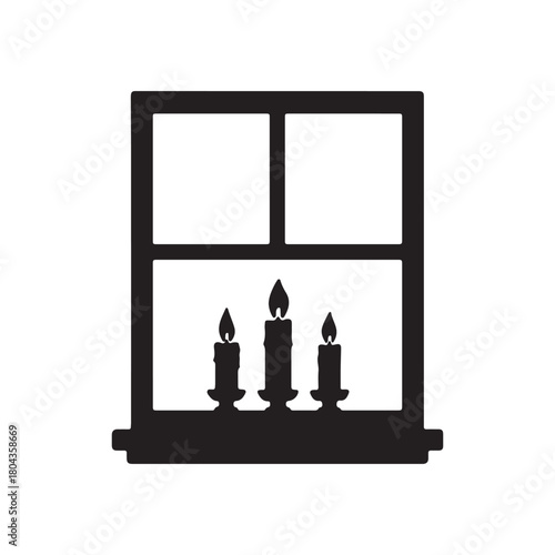 Silhouette of a window with three lit candles on a sill, evoking warmth and ambiance during the evening or holiday season
