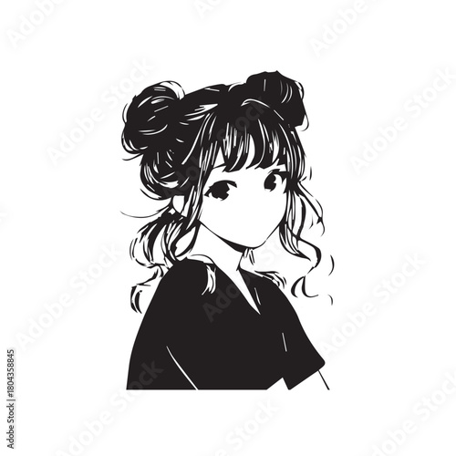 Smiling cartoon woman with black hair and dress standing happily