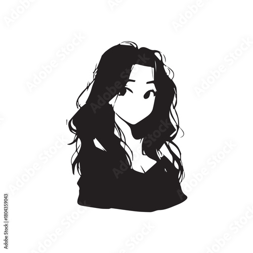 Smiling cartoon woman with black hair and dress standing happily