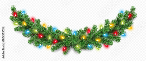 Holiday pine tree garland with glowing colorful Christmas lights isolated on a transparent background. Vector realistic pine tree branches with light bulbs for winter decoration banner, poster, greeti