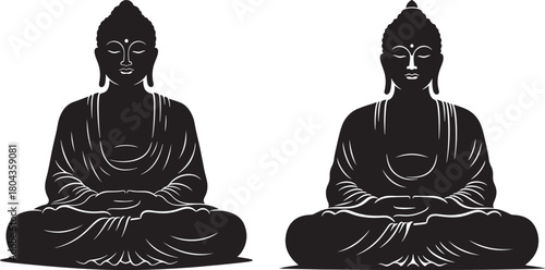 Two seated buddha statues in silhouette