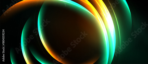 Abstract glowing lines form oval shapes. Dark background emphasizes bright colors, creating dynamic visual effect. Smooth gradients present energy.