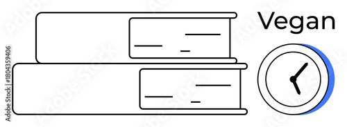 Books stacked with adjacent clock and vegan text, representing education, time management, vegan lifestyle, learning, reading, conscious living, sustainability. Ideal for study plans mindful habits