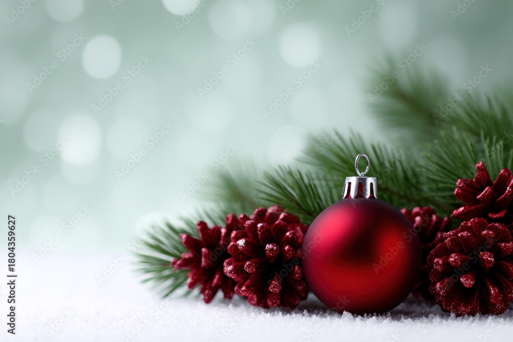 Obraz premium Festive Christmas Ornaments: A vibrant arrangement of classic holiday ornaments, showcasing a glossy red bauble alongside a verdant sprig of evergreen and textured pine cones, nestled gently.