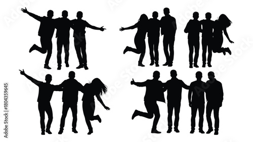Happy group of friends silhouettes collection isolated on white background, Vector