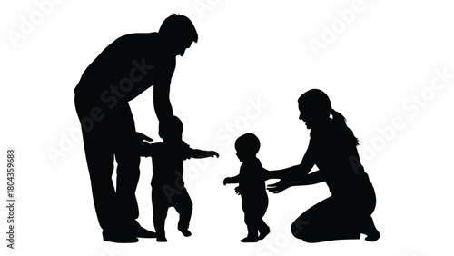 Family helping babies learn to walk silhouette isolated on white background, Vector