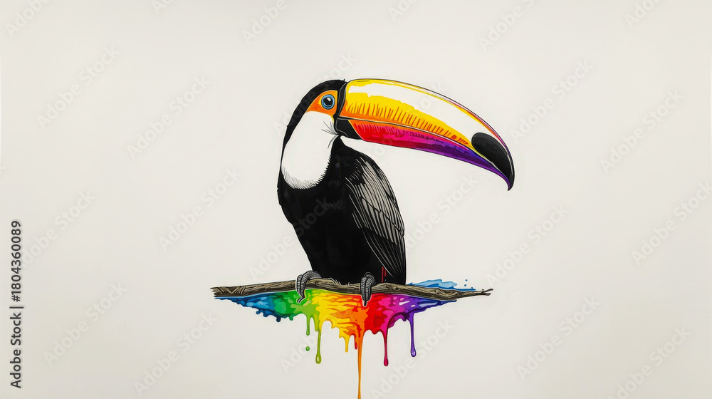 Naklejka premium A vibrant watercolor painting of a Toco Toucan perched on a branch, featuring its striking black plumage and large, colorful beak. Ideal for tropical, nature, and art themes.