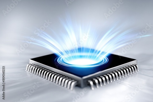 The Heart of Innovation: A close-up view of a microchip at the core of technological advancement, radiating energy, suggesting innovation and high performance.