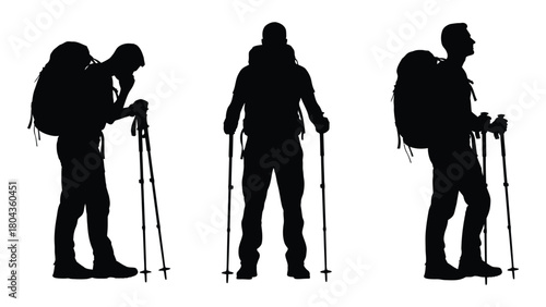 Three hiker silhouettes with backpacks and trekking poles isolated on white background, Vector