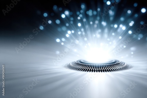 Energy Emanation: A bright light erupts from a futuristic, circular platform, representing technology, innovation, and digital advancement. conveying the ideas of energy, data flow.