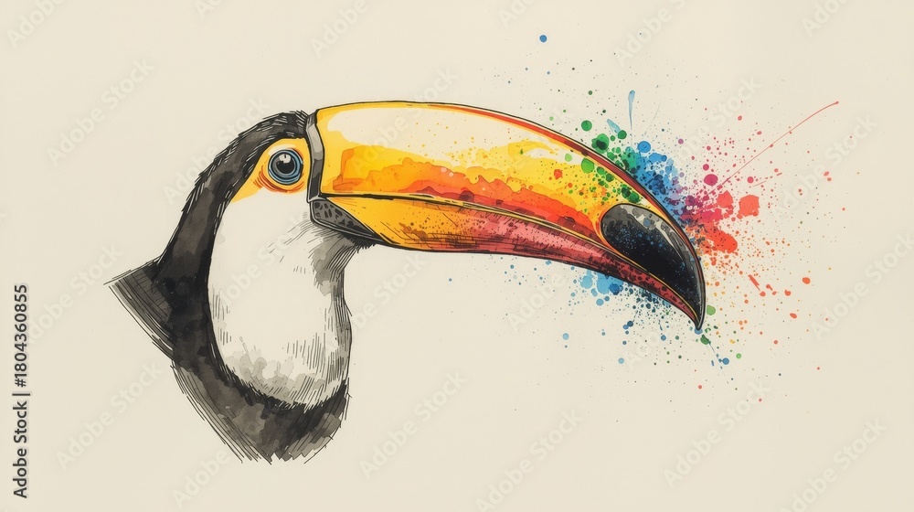 Naklejka premium A vibrant watercolor painting of a Toco Toucan perched on a branch, featuring its striking black plumage and large, colorful beak. Ideal for tropical, nature, and art themes.