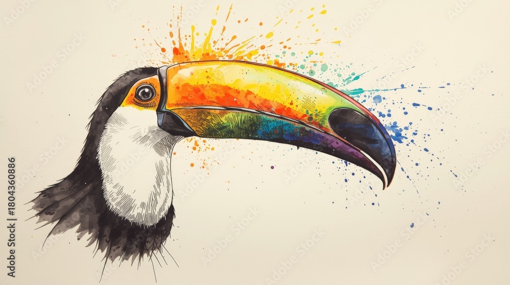 Naklejka premium A vibrant watercolor painting of a Toco Toucan perched on a branch, featuring its striking black plumage and large, colorful beak. Ideal for tropical, nature, and art themes.