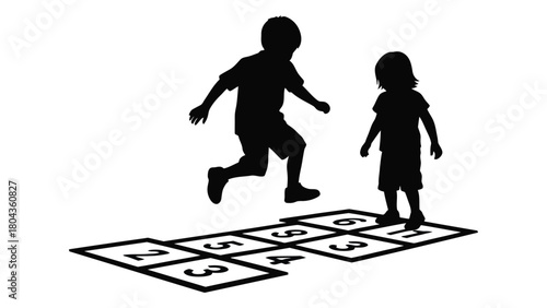 Children playing hopscotch silhouette isolated on white background, Vector