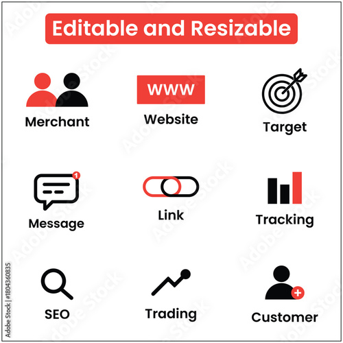 digital marketing icon set, Merchant, Website, Target, Link, Tracking, SEO, Trading, Message, and Customer.
