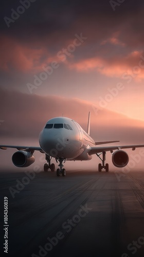 airplane on the runway at sunset
