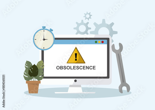 Obsolescence Alert on Computer Monitor with Tools and Timer. Device aging, repair needs, and product expiry concept. Ideal for maintenance or industrial presentation. Flat style. Vector illustration