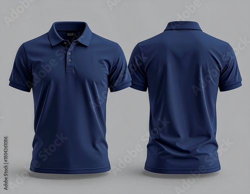 Front and back view of a plain, navy blue polo shirt on a solid grey backdrop
