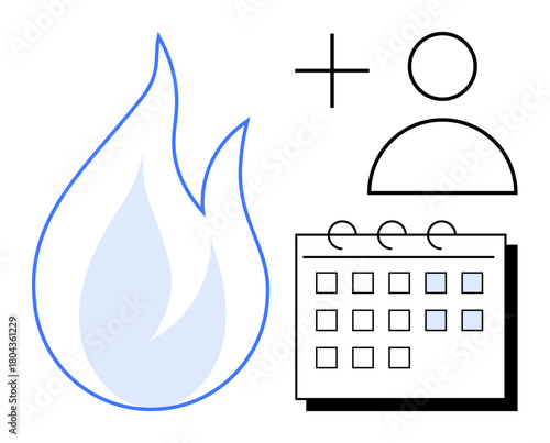 Flame, calendar, and user icon depicting urgency, scheduling, time management, productivity, task prioritization and project planning. Ideal for deadlines goals burnout and organization. Simple