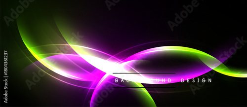 Abstract neon waves, vibrant purple, green hues. Dynamic light streaks over black background. Modern design element.