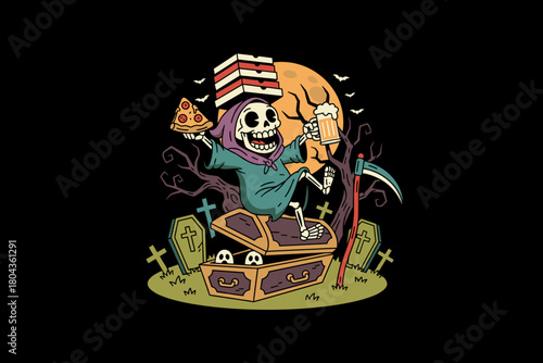 Grim Reaper Skeleton Enjoying Cake and Pizza from Open Coffin.