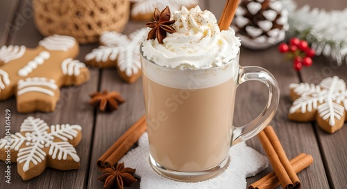 Gingerbread latte topped with whipped cream and spices, festive Christmas décor.