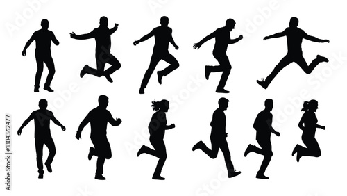 Dynamic running and jumping human silhouettes isolated on white background, Vector