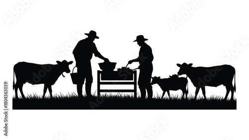 Farmers feeding cattle silhouette isolated on white background, Vector